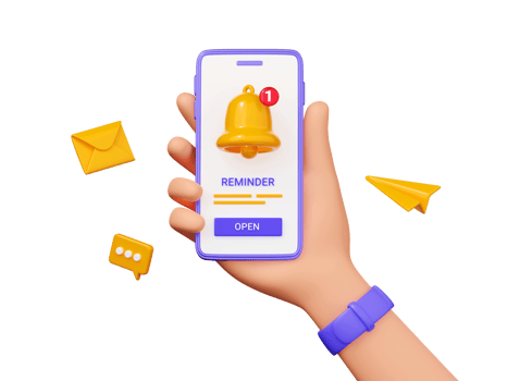 Reminder 3D render - mobile phone in hand with notification bell, button and floating elements on purple. png