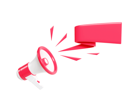 Loudspeaker 3d render - red megaphone banner with empty space for text for announcement or advertising message. png