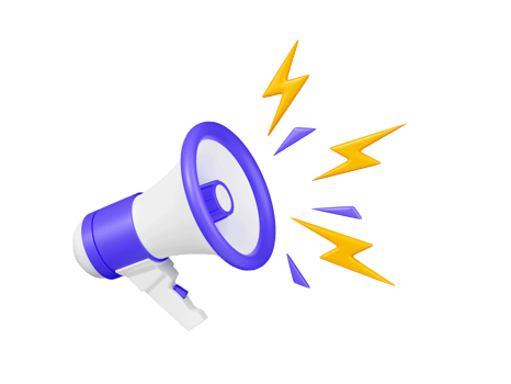 Loudspeaker 3d render - yellow and white megaphone with flash for announcement or advertising message. Cartoon loud speaker or bullhorn for caution information and promotion. png