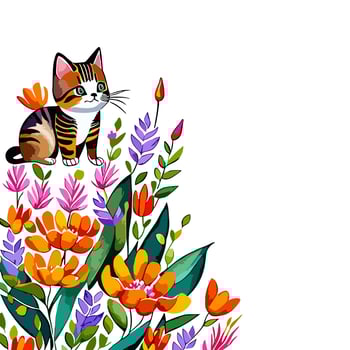 Flower Meadow Kitten Corner Border vector