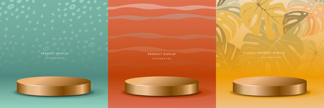 Set of 3D luxury background with realistic cylinder pedestal podium. Retro topical. Mockup product display. Stand to show cosmetic products. Minimal wall scene. Stage showcase. vector