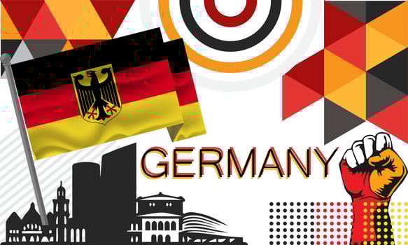 Germany National day or Deutschland banner abstract geometric shapes, berlin landscape landmarks. German flag and map. Red yellow vector