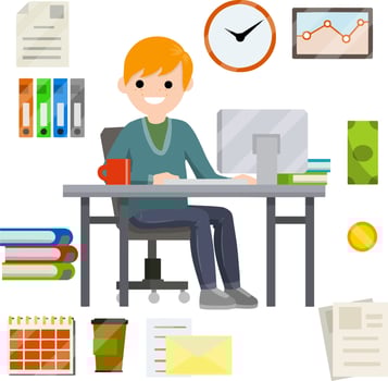 Man sit at Desk with computer and typing the text message in front of monitor. Set of business icons-yellow folder, case for document, schedule, red coffee mug, cash. Flat picture. Businessman at work vector