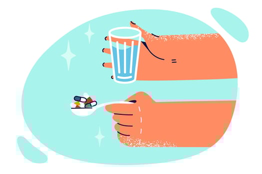 Hands with spoon filled with pills and glass of water for clinic patient during treatment of viral disease or flu. Pills with antibiotics and vitamins to treat diseases and maintain patient immunity vector