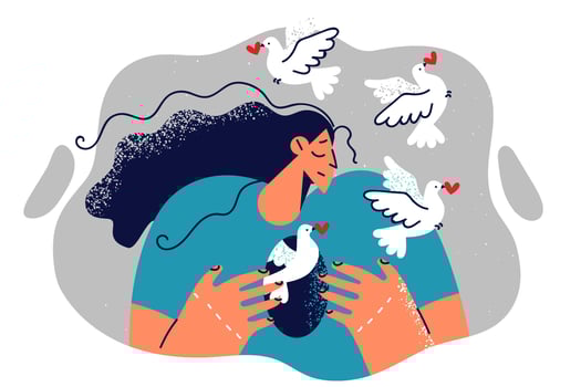 Woman with hole in body and flying doves symbolizes liberation from romantic addiction for psychological health. Concept psychological manipulation to avoid depressive disorder and mental emptiness vector