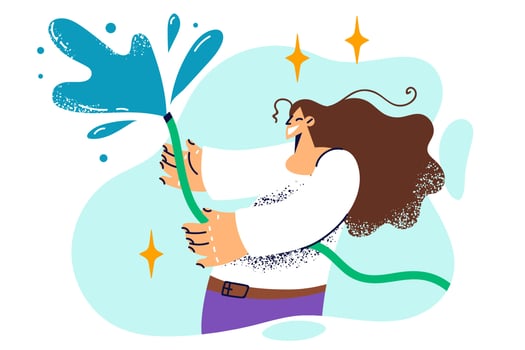 Happy woman uses hose to cool off in hot summer weather and water lawn or garden damaged by scorching sun. Positive girl farmer holding long hose for irrigation of agricultural land vector