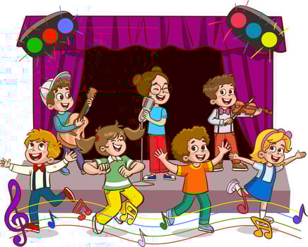 Cartoon group of children singing and dancing in the school choir vector
