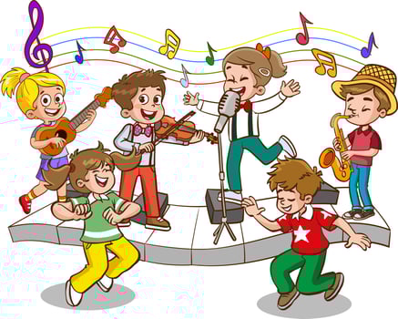 Cartoon group of children singing and dancing in the school choir vector