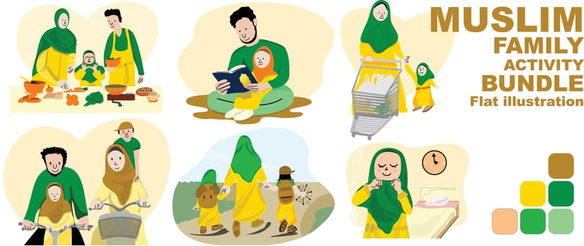 Muslim family activity bundle, Father Mother reading holy Qur'an, cooking, riding bicycle, shopping, go to school, prepare for fasting month Ramadan with good Family time. Warm green palette color vector