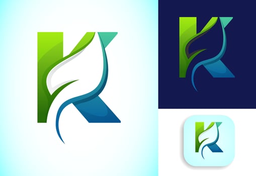 Letter K with negative space leaf logo vector template. Gradient logo design