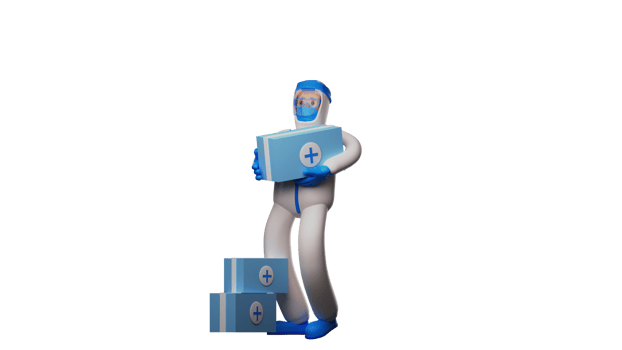 3D illustration. Health Worker 3D Cartoon Character. Paramedic is busy. Paramedic is lifting boxes of medicine stock. Paramedic with some medicine boxes. 3d cartoon character png