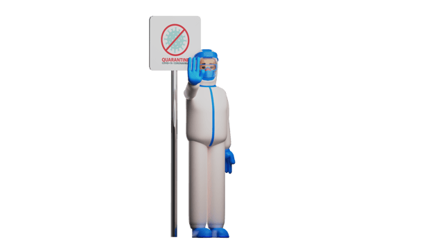 3D illustration. Diligent Paramedic 3D Cartoon Character. Paramedic standing next to quarantine warning sign. The paramedic stands and holds out his hand as a stop sign. 3d cartoon character png