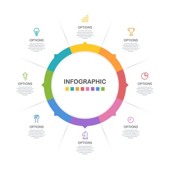 Infographic circle 8 options. The report, Presentation, Data, and Diagram. Vector illustration.