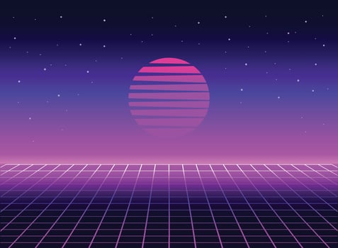 Retro 80s sci-fi futuristic style background. Vector retro futuristic synth wave illustration in 1980s posters style. Retro Nostalgic vaporwave cyberpunk artwork with vibrant neon colors