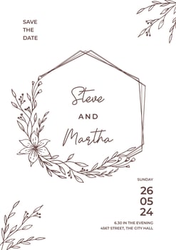 Floral wedding invitation template with organic hand drawn leaves and flowers decoration vector
