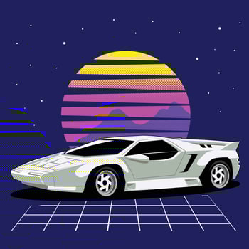 Retro 80s sci-fi futuristic style background with supercar. Vector retro futuristic synthwave