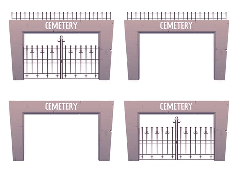 Entrance to the cemetery, steel and stone gates in cartoon style. Vector illustration isolated on white