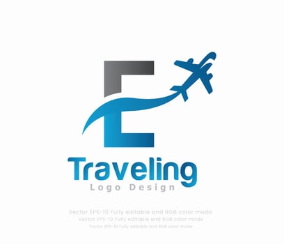 Letter E travel logo and airplane logo vector
