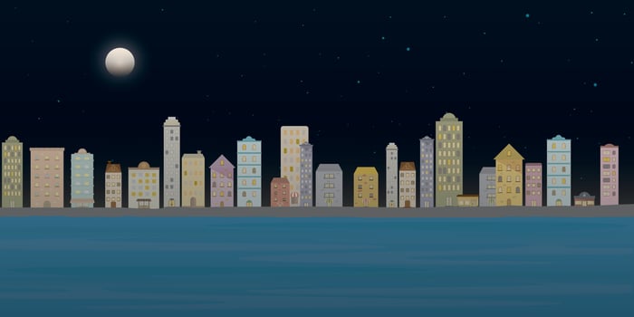 Cityscape view with sea at night. City landscape night time view with skyscraper building illustration in flat style design vector