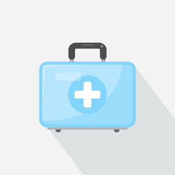 Medical case, blue first aid kit isolated on white background. Health, help and medical diagnostics concept. Flat vector illustration.