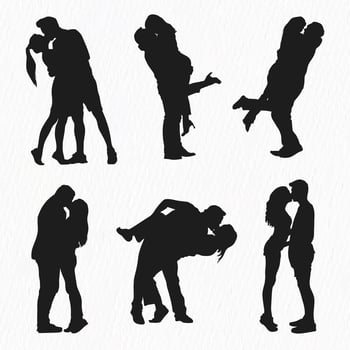 Vector silhouettes set of romantic couple kissing each other isolated on white background