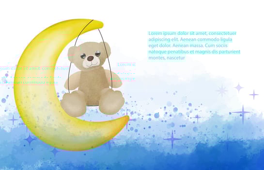 Cute teddy bear on the moon swing rides Crescent moon watercolor illustration. vector