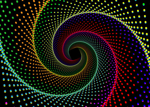 Black, red, pink, blue, cyan, orange, green, and yellow dotted spiral vortex square vector template. Colorful wavy swirl pattern dots background.