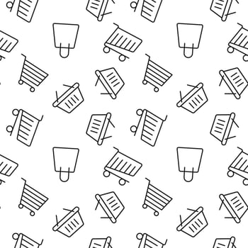 Monochrome vector seamless pattern of shopping cart, bag, basket for web sites and polygraphy