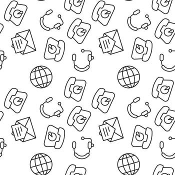 Vector seamless pattern of globe, phone, letter in envelope on white background. It can be used for textile, backgrounds, placards