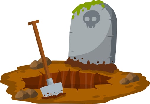 Stone tombstone stands on ground with grave. Celebration of Halloween. Skull on stone. Detail cemetery. Cartoon illustration vector