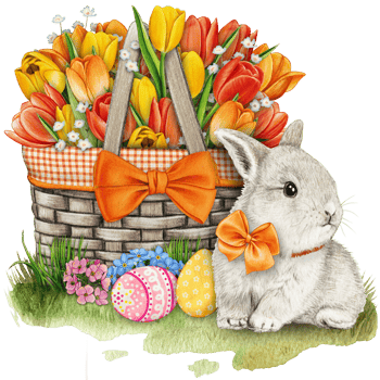 watercolor hand drawn floral basket with bunny and easter eggs png