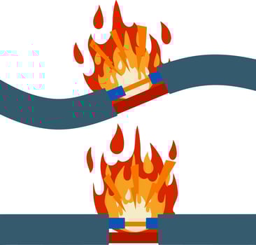 Damaged cable with red wire. short circuit. Cartoon flat illustration. Broken line. faulty electrical appliance. Safety rule. Orange flame and fire isolated on white vector