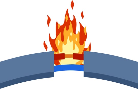Damaged cable with red wire. short circuit. Cartoon flat illustration. Broken line. faulty electrical appliance. Safety rule. Orange flame and fire isolated on white vector