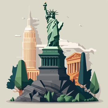 Statue of liberty with city buildings. Vector illustration of a city with skyscrapers and the statue of liberty.