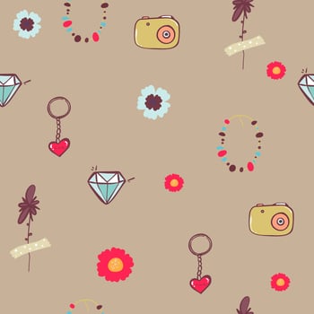 hand drawn seamless graphic pink pattern of girl stuff woman things fashion vector object. Lady accessories background