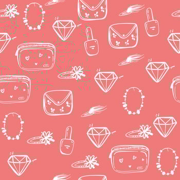 hand drawn seamless graphic pink pattern of girl stuff woman things fashion vector object. Lady accessories background.