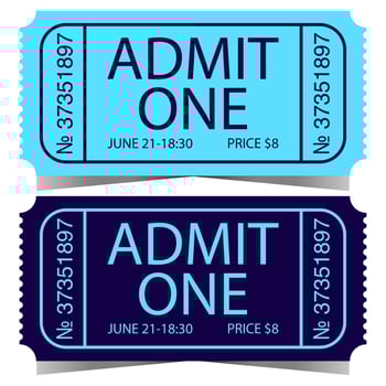 Ticket design with admit one inscription, number, date, time and price. Vector illustration of entry ticket or pass talon for cinema, theatre, circus or concert. Ready to print ticket symbol or icon.