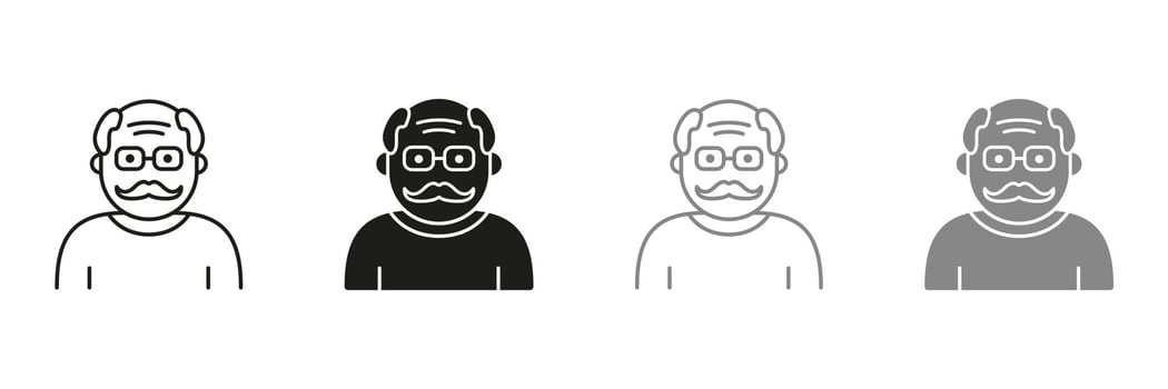 Old Man, Senior Person Silhouette and Line Icon Color Set. Happy Elder Man Pictogram. Old Grandfather Symbol Collection on White Background. Retirement Concept. Isolated Vector Illustration.