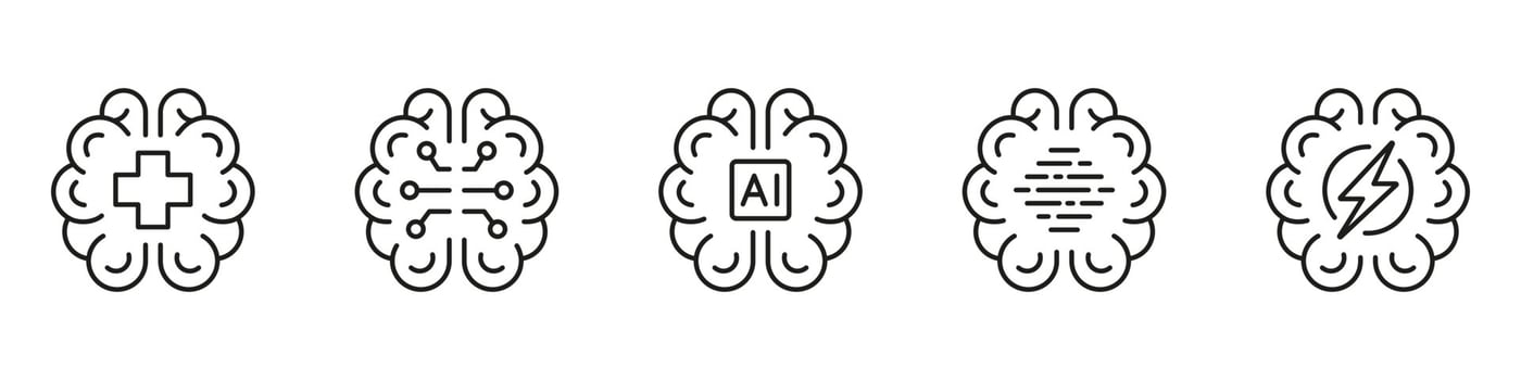 Neurology Science, Digital Technology Linear Pictogram Set. Human Brain AI Concept Black Line Icons. Artificial Intelligence Symbol on White Background. Editable Stroke. Isolated Vector Illustration.
