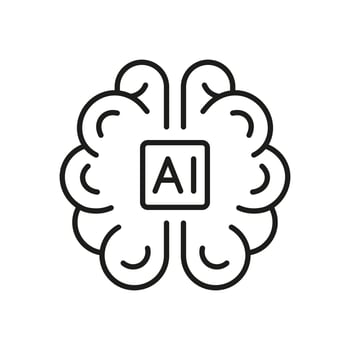 Artificial Intelligence Black Line Icon. AI with Human Brain Linear Pictogram. Digital Technology Symbol on White Background. Editable Stroke. Isolated Vector Illustration.