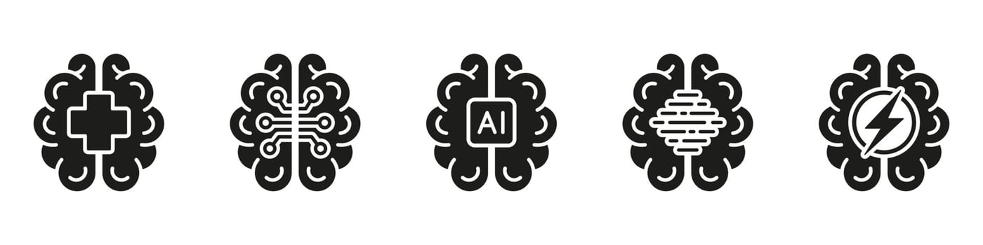 Human Brain Black Solid Icons. AI Concept. Neurology Science, Digital Technology Silhouette Pictogram Set. Artificial Intelligence Glyph Symbol on White Background. Isolated Vector Illustration.