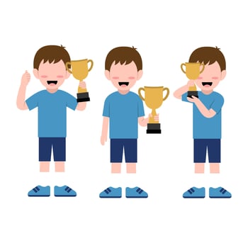 Set Of Little Boy Character Holding Trophy vector