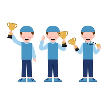 Set Of Muslim Boy Holding Trophy vector