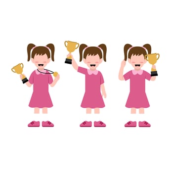 Set Of Little Girl Character Holding Trophy vector