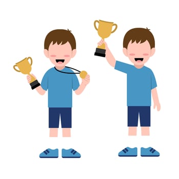 Set Of Little Boy Character Holding Trophy vector