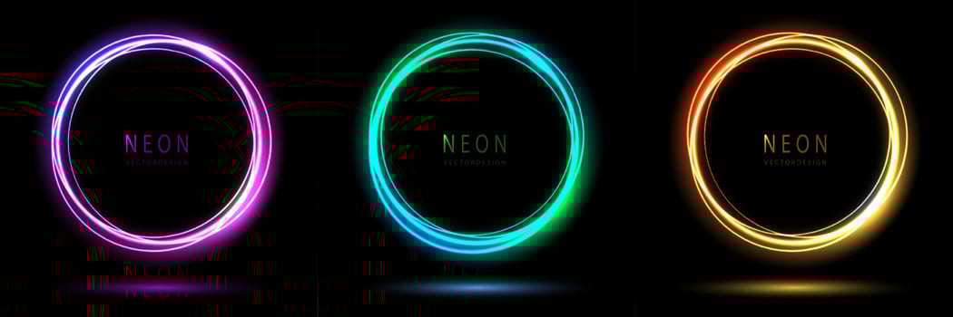 Gradient neon circle frame. collection of round glowing neon lighting on dark background with copy space. graphic element for social media stories. vector design.