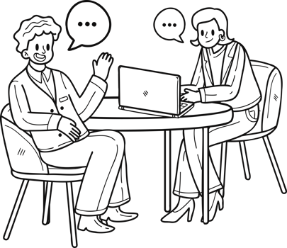 Businesswoman sitting and discussing work on the desk illustration in doodle style png