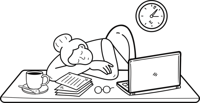 business woman resting on the desk illustration in doodle style png