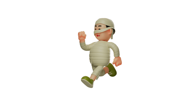 3D illustration. Adorable Mummy 3D Cartoon Character. Cheerful mummy is playing. Cute mummy is running and laughing merrily. Mummy smiled sweetly. 3D cartoon character png