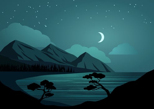 Mountain night landscape with hills, lake, moon and stars. Vector flat design landscape illustration